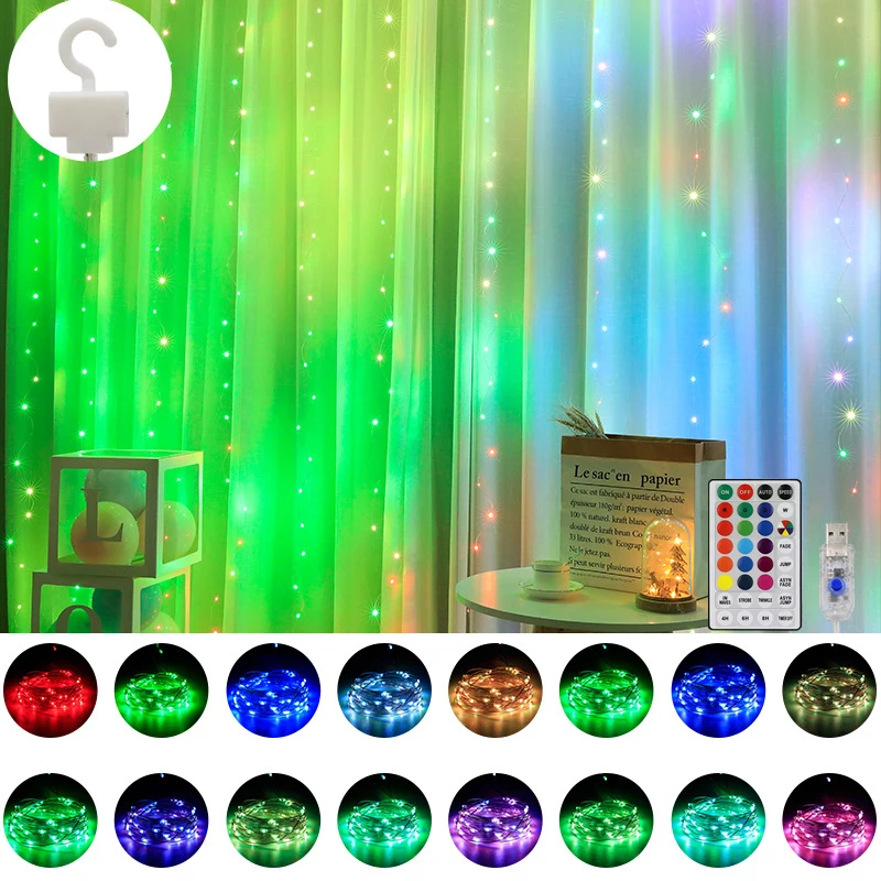 Cortina de luz RGB que cambia de 16 colores, decoración navideña con Control remoto para dormitorio, guirnalda de hadas para vacaciones, decoración