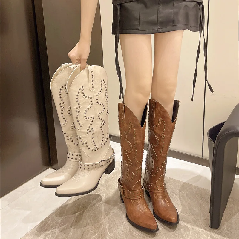 

Women's Boots Retro Rivet Embroidery Cowboy Boots Punk Luxury Brand High Boots Country Music Festival Women's Boots Botas Mujer