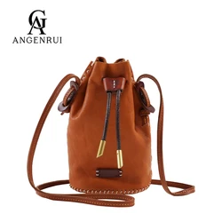 ANGENGRUI Brand Genuine Leather Handmade Women's Bag Waxed Leather Fringe Simple Women's Bucket Bag Leather Messenger Bag