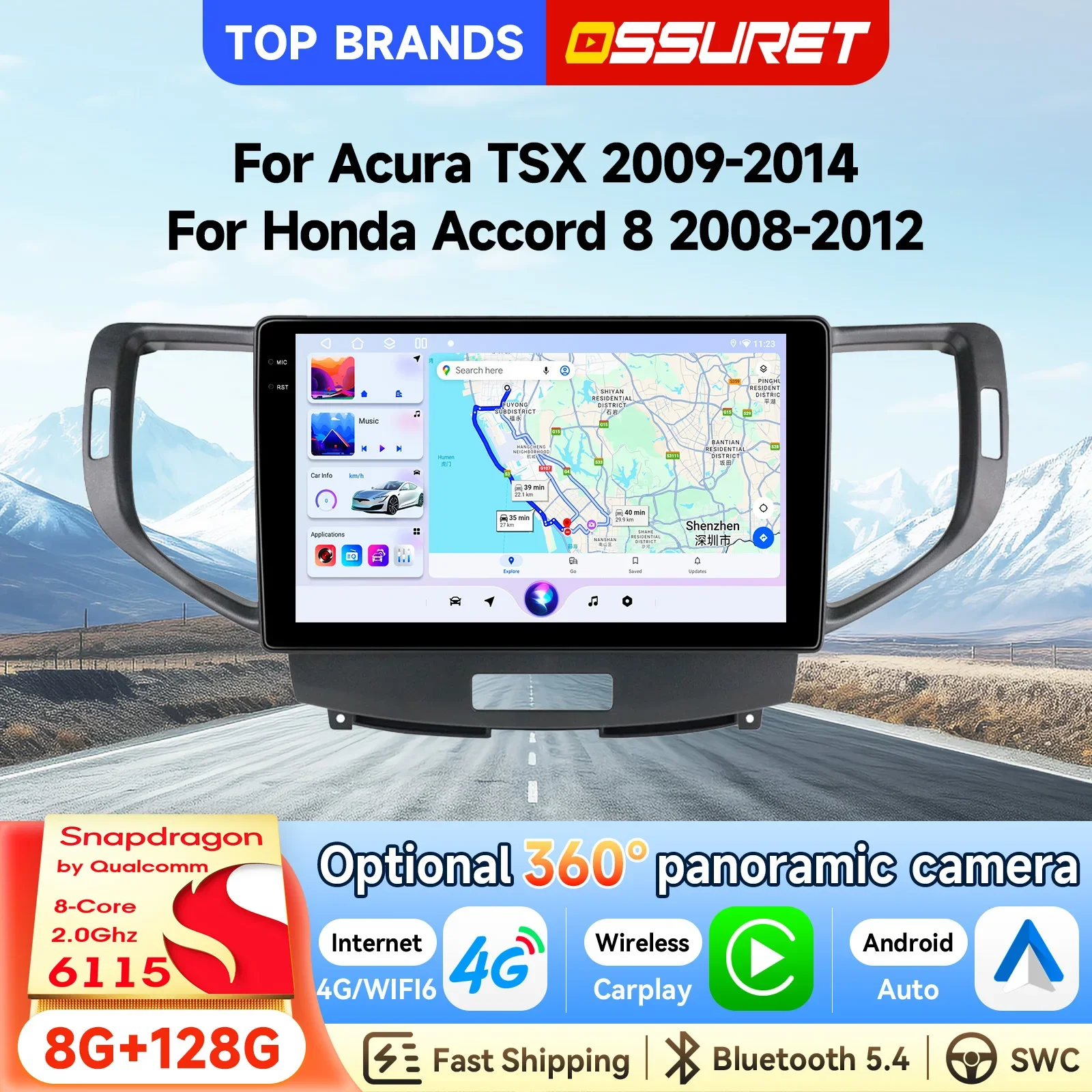 OSSURET Schneller Versand 9 Zoll 2 Din Android 15 Octa Core 6115 GPS Autoradio für Honda Accord 8 2008-2012 für Acura TSX 2009-2014 Autoradio Intelligentes Headunit Kabelloses Carplay Android Auto DSP