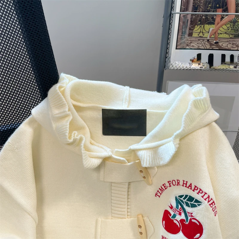 DAYIFUN-Women's Autumn Kawaii Knitted Cardigan Female Horn Button Hooded Sweaters Gentle Lazy Wind Soft Long-sleeve Sweater Coat