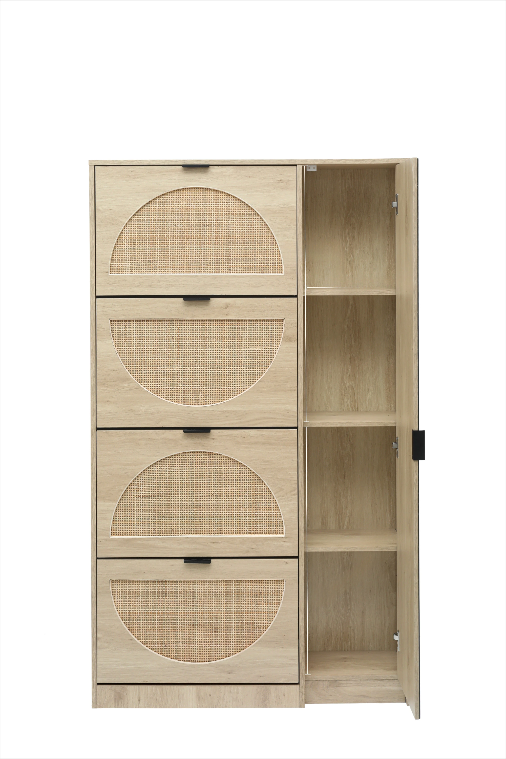 4-Tier Shoe Rack with Doors Rattan Shoe Cabinet with Mirror Hallway Cupboard Storage Organiser for Living Room