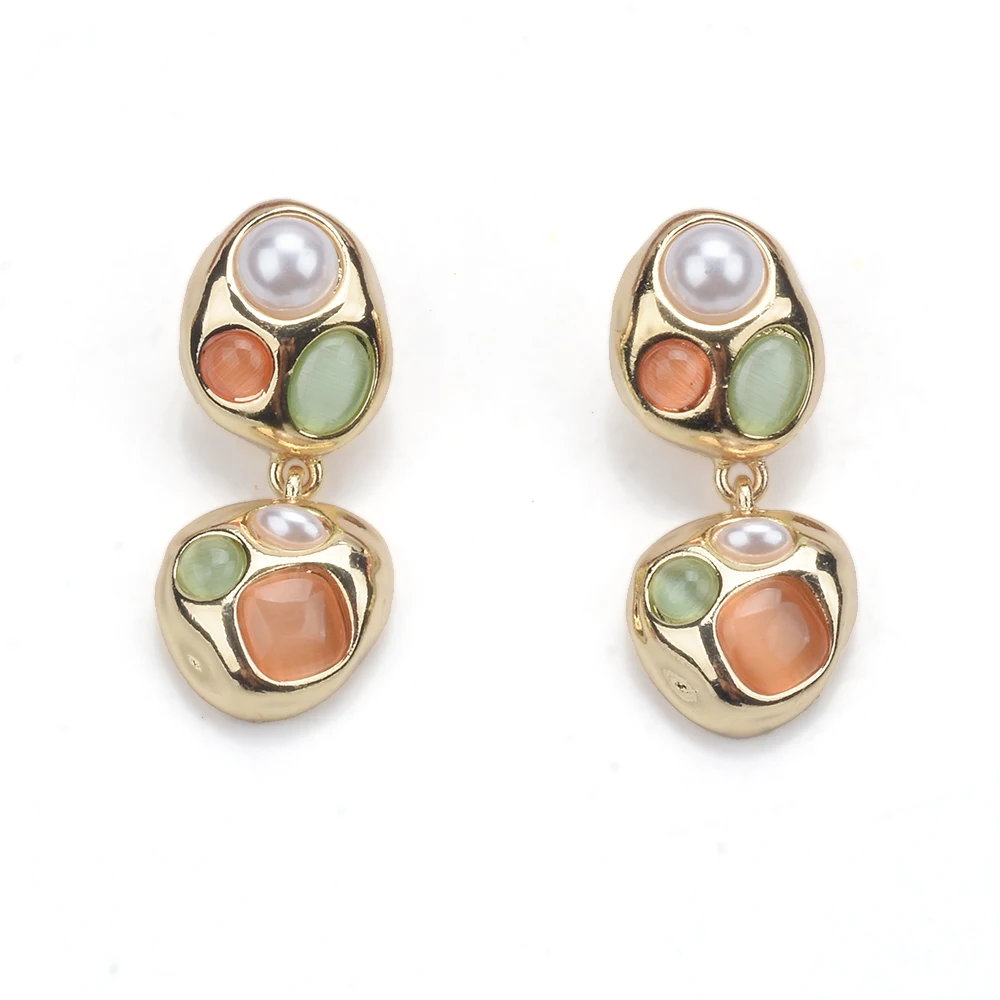 2023 neue indische unregelmäßige geometrische Metall-Ohrringe mit rosa, grün, orange, Kunstharz, Kunstperlen, Deko-Schmuck für Frauen