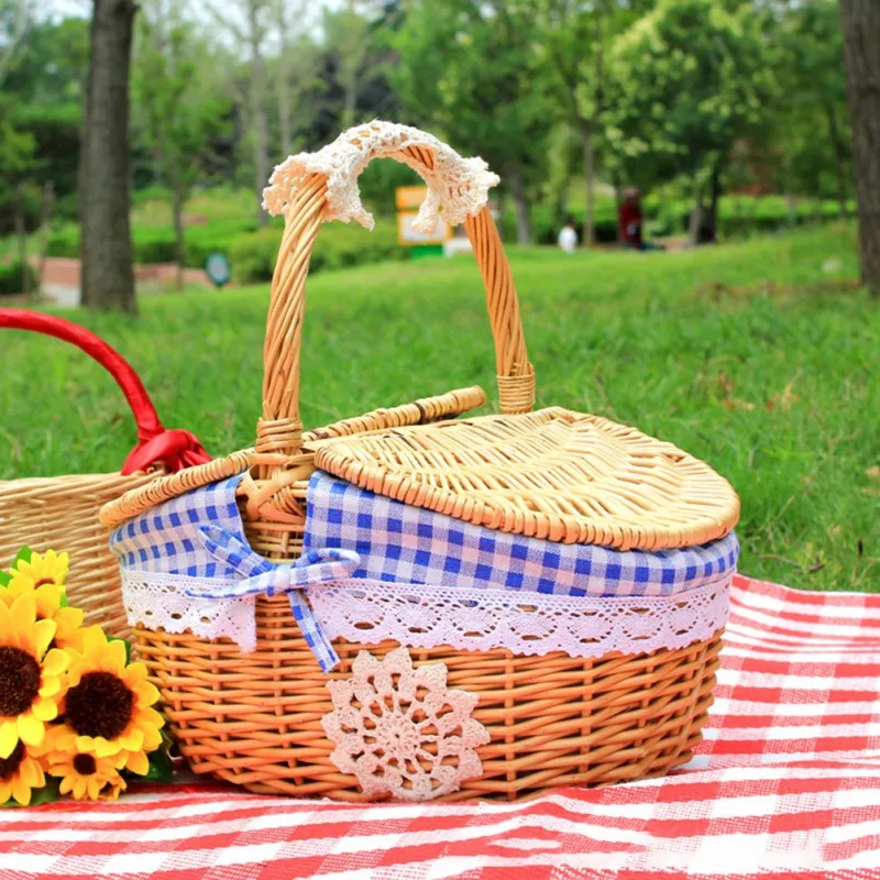 Wicker Picnic Basket with Split Lid and Handle Sturdy Woven Body with Washable Lining Vintage Style Hamper for Camping Outdoor