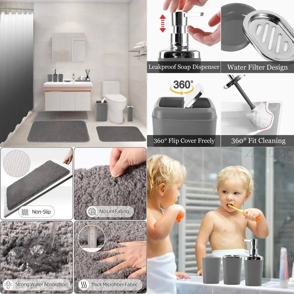 

Complete Grey Bathroom Accessory Set with Shower Curtain, Rugs, and Essentials