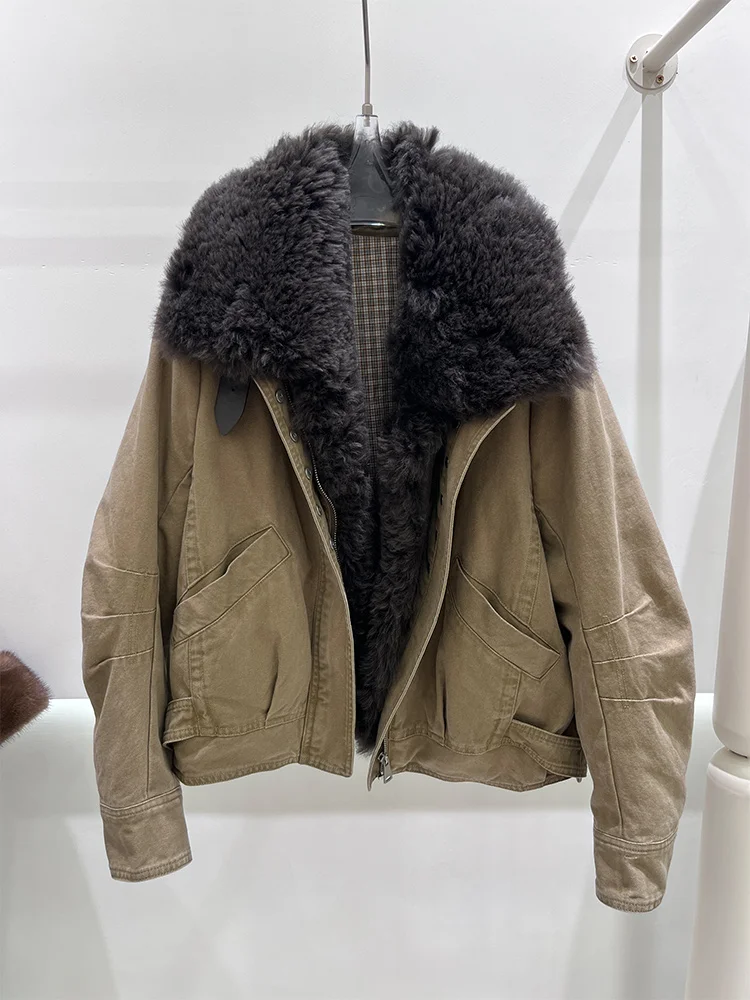 Neue frauen Winter Gans Unten Jacke Denim Jacke Echte Natürliche Lamm Schafe Pelz Kragen Mäntel Luxus Weibliche Outwear Kleidung