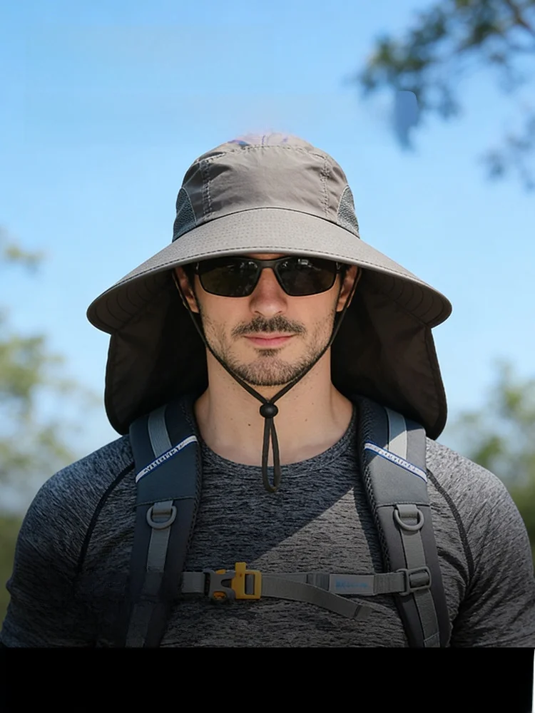 メンズ夏用アウトドア日焼け止め帽子つば広ネックプロテクションフィッシングキャップupf50-ポリエステル繊維トラベルハット