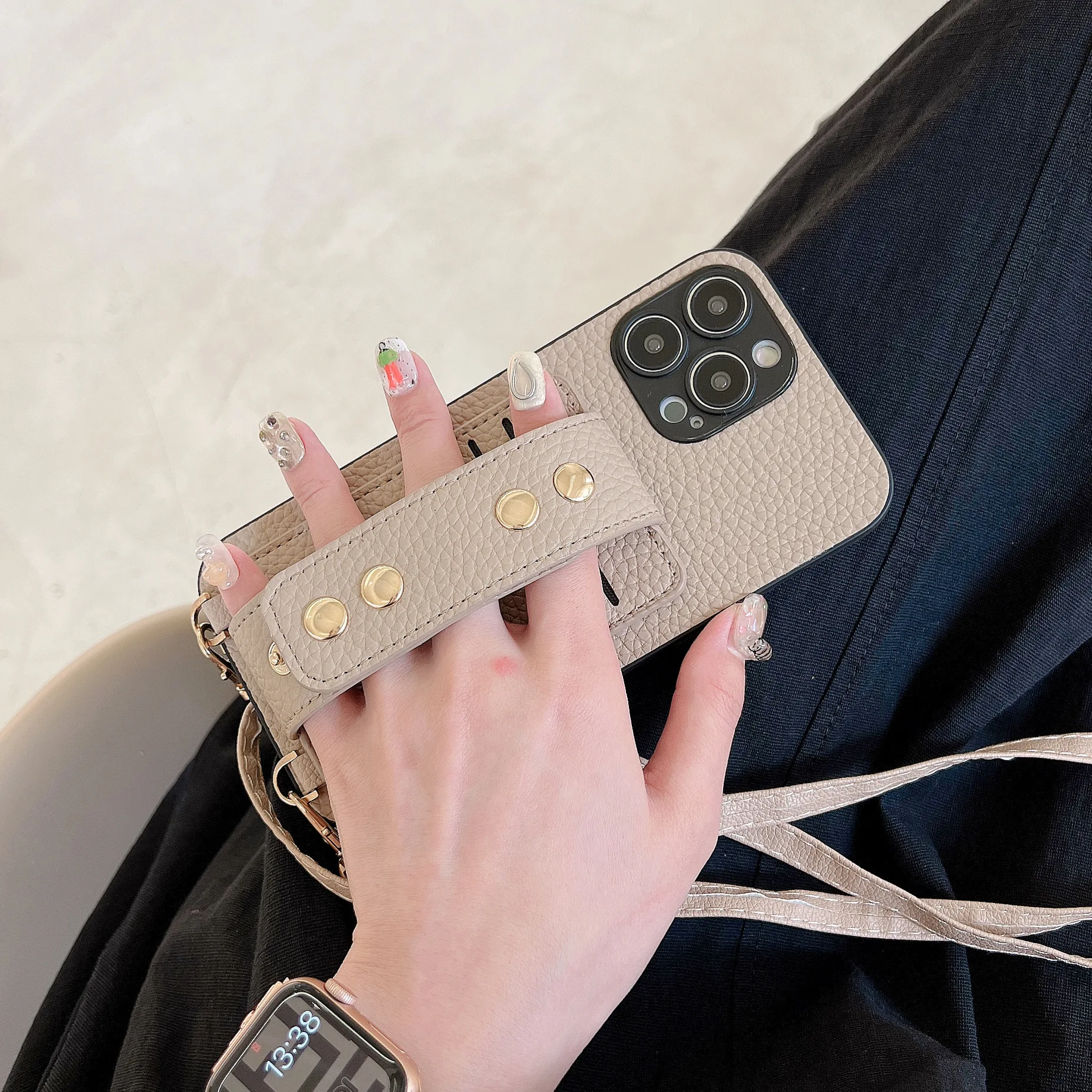 Custodia a portafoglio con cordino a tracolla con supporto per cinturino rivetto per iPhone 11 13 12 11pro 14 pro 12pro max x xr xs custodia per porta carte di credito