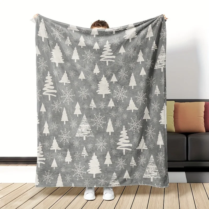 

1 шт. уютное серое фланелевое одеяло с рождественской елкой и снежинками, мягкое, теплое праздничное одеяло для спальни, дивана, офиса, кемпинга