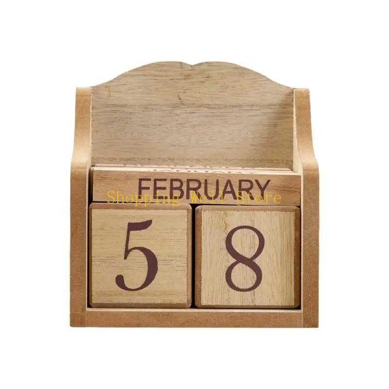 KX4B Wooden Block Permanent Calendar Adjustable Date Month Display Farmhouses Home Office Desk Decors Photography Props