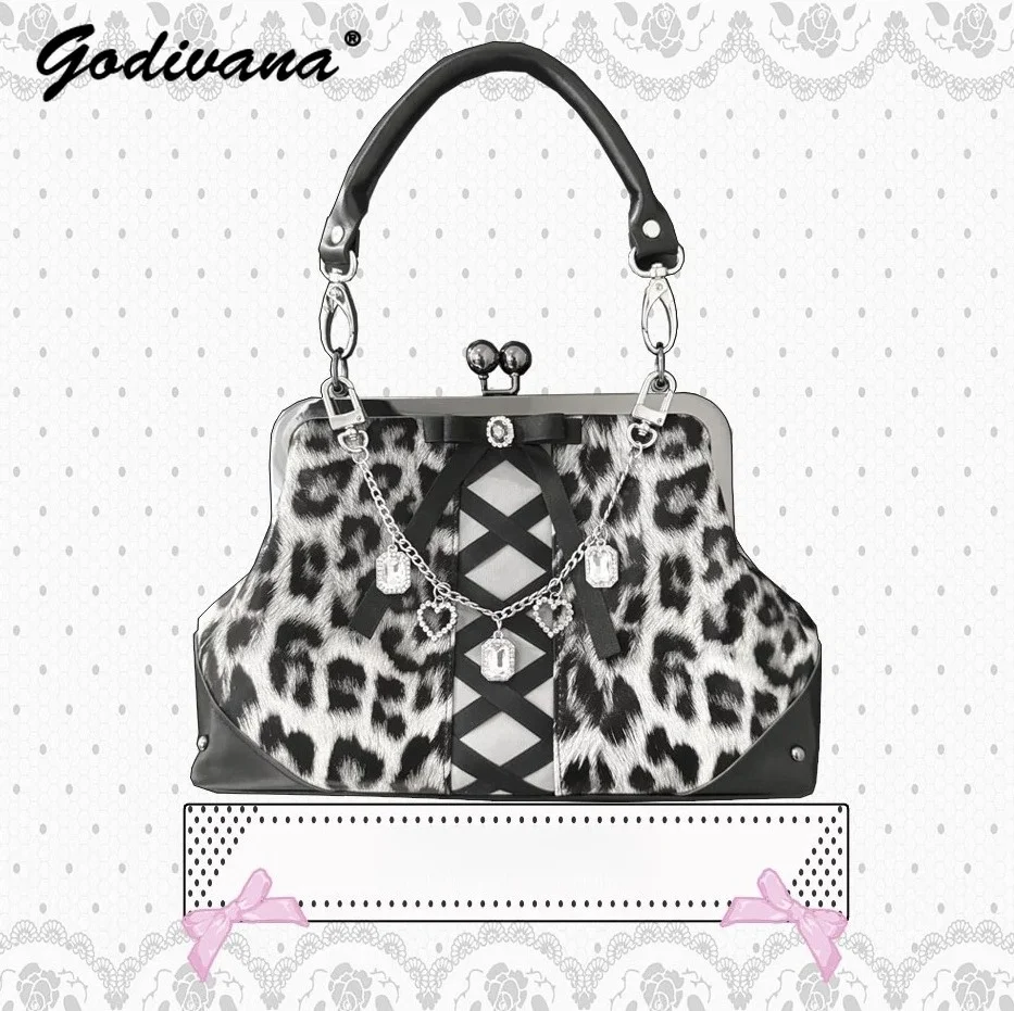 Vintage Hime‑Gyaru Kiss‑Lock Handbag Original Patent Leather Leopard Print Chain Strap Niche Daily Shoulder Purse for Girls