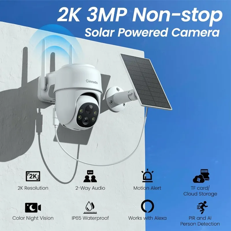 2K Cameras for Home Security-2.4G WiFi Outdoor Camera Wireless Solar/Battery Powered with solar panel, 360° Viewing, AI Human De