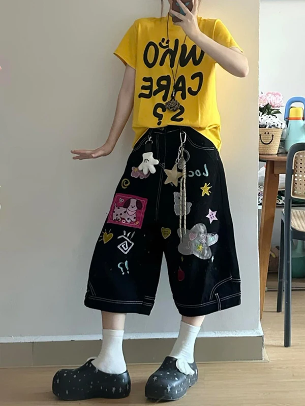 American Style Casual Cartoon Embroidery Patchwork Denim Wide Leg Short Pants Women Summer Loose Straight Cut Jeans Shorts