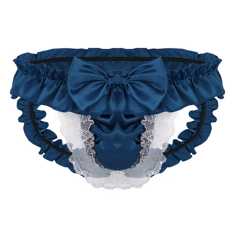 เร้าอารมณ์ผู้ชายชุดชั้นใน Sissy น่ารักหวานซาติน Bowknot Jockstrap เซ็กซี่ Lace Ruffled Hollow Out กางเกงสัมผัสก้นโป๊ทอง