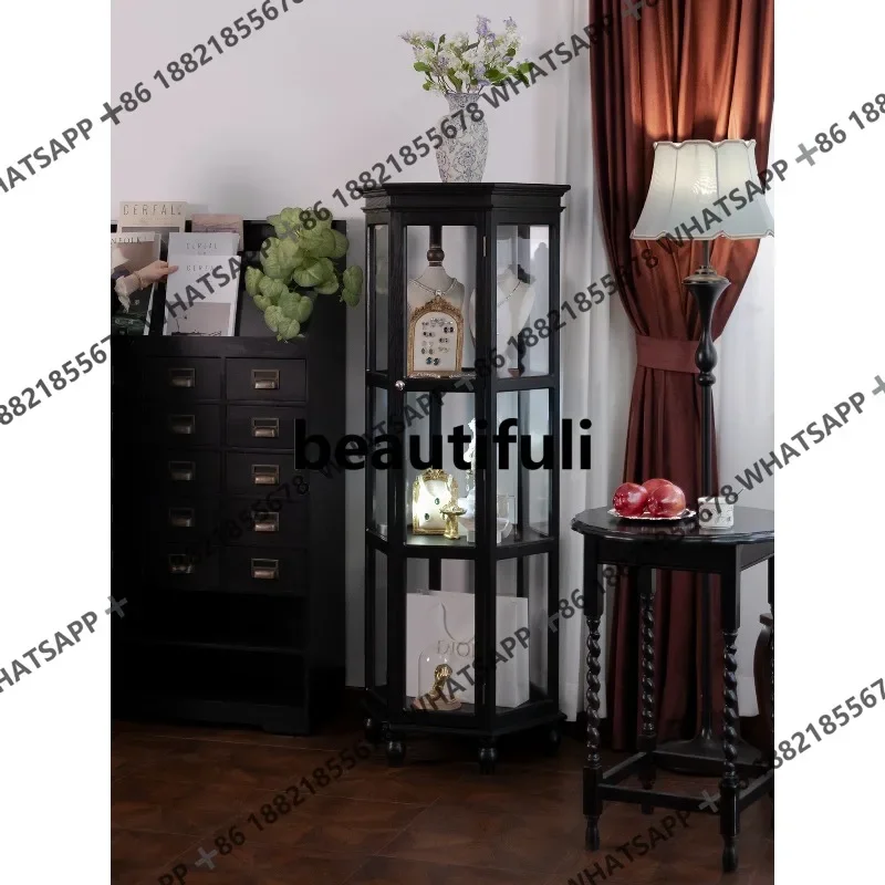 D07 Retro floor jewelry cabinet light luxury collectibles jewelry wood glass display cabinet