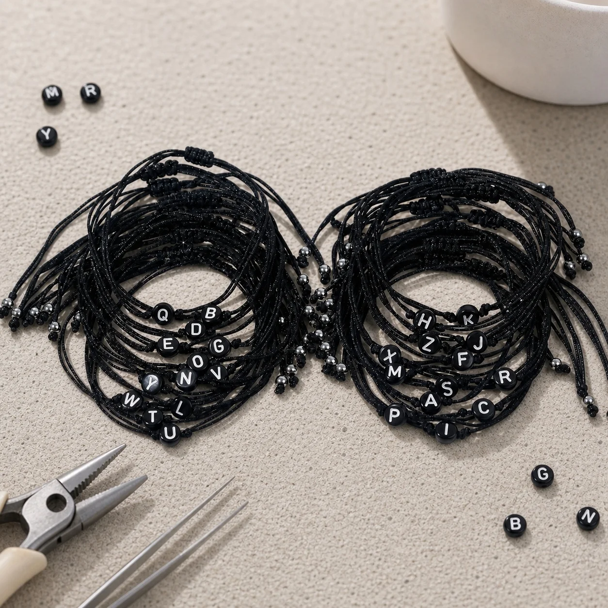 26pcs Black Cotton Rope Bracelet with Letter Beads Adjustable Tie Cord Minimalist Unisex for Women Men Friendship Gift