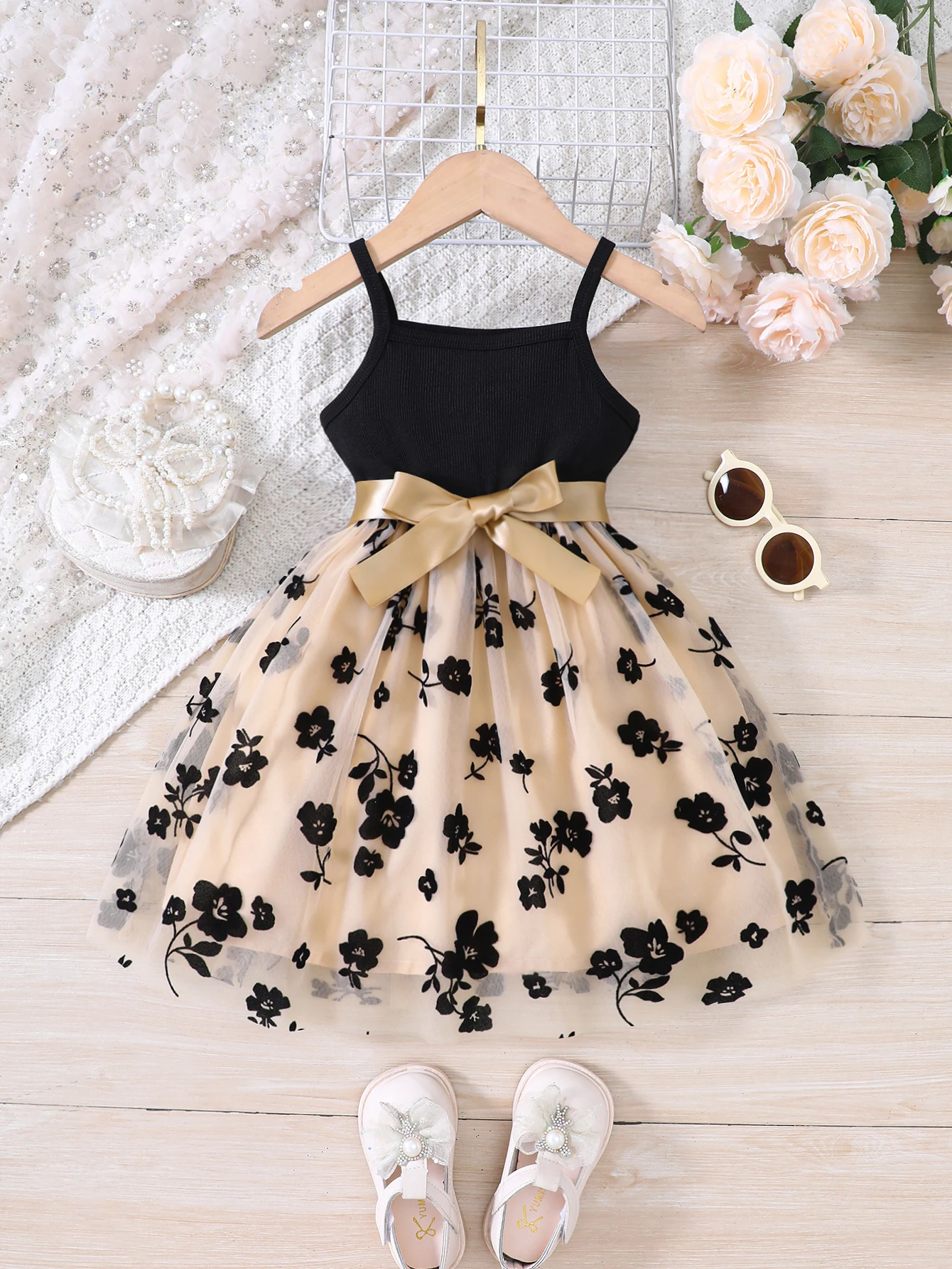 Girls' Spring and Summer Fashion Knit Strap Floral Velvet Mesh Casual Dress Princess Dress Party Holiday Casual Vacation Gift