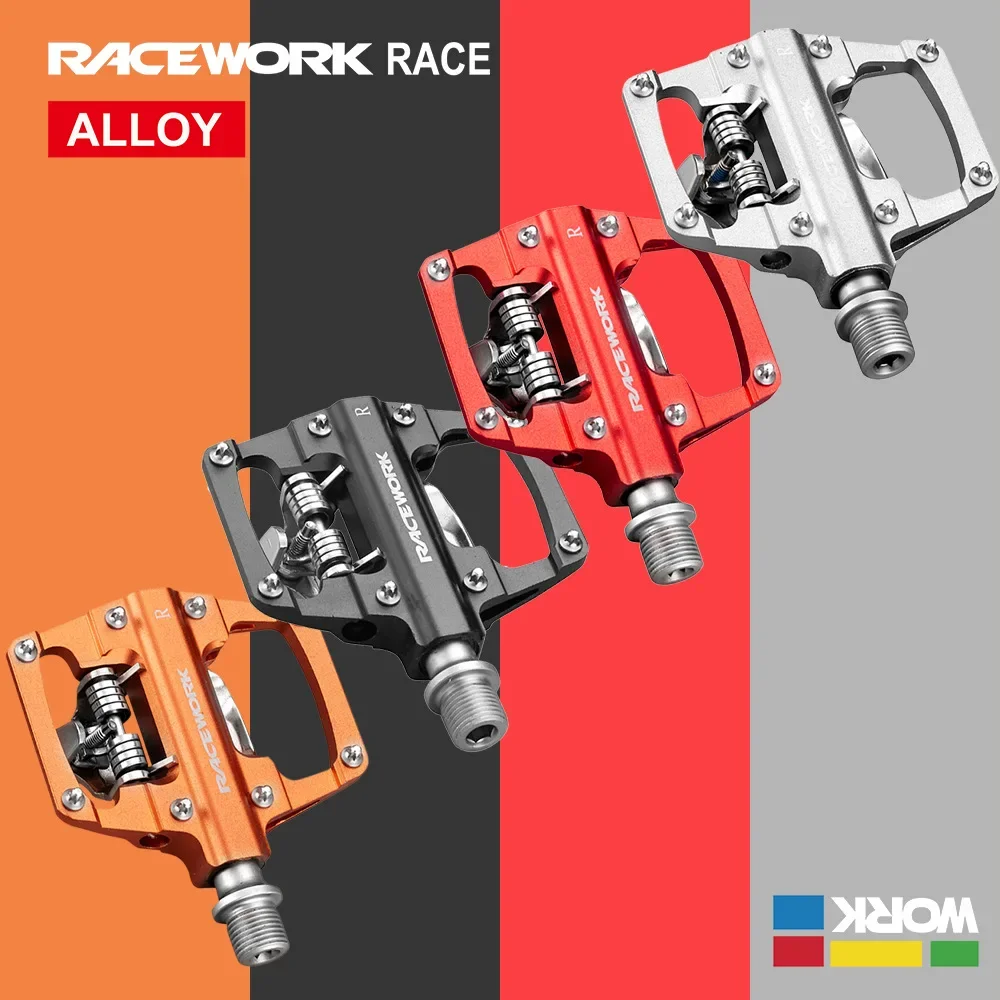 RACEWORK MTB Clipless Pedals Self-locking CNC Aluminum Alloy DU Bearing Double Flat Platform Mountain Bike Bicycle Pedal For SPD