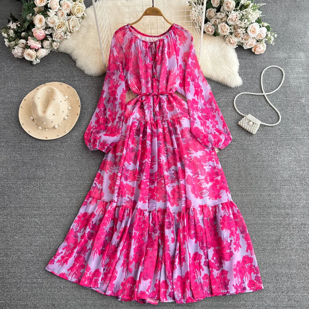 UNI rétro imprimé fleuri pansement robe élégante a-ligne lanterne manches décontracté à lacets taille haute robe femmes été