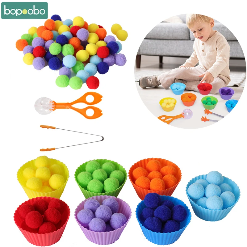 

Counting Plush Pom Pom Balls Rainbow Color Sorting Toys Baby Kids Early Montessori Education Toy Tweezers Fine Motor Skill Toys