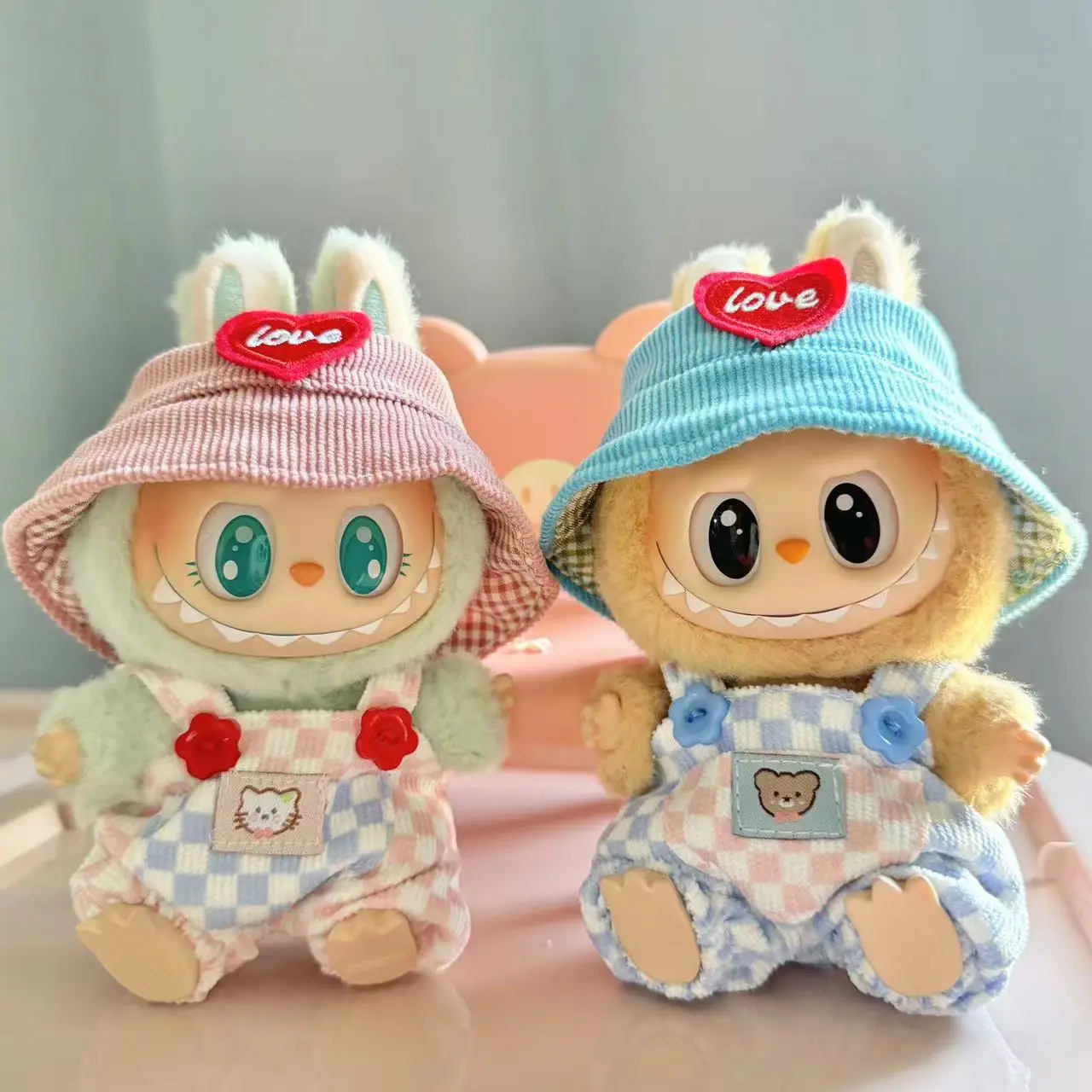 For 17cm Labubu doll fashion clothing hoodie doll clothing doll accessories Checkered overalls hat Set Labubu clothes