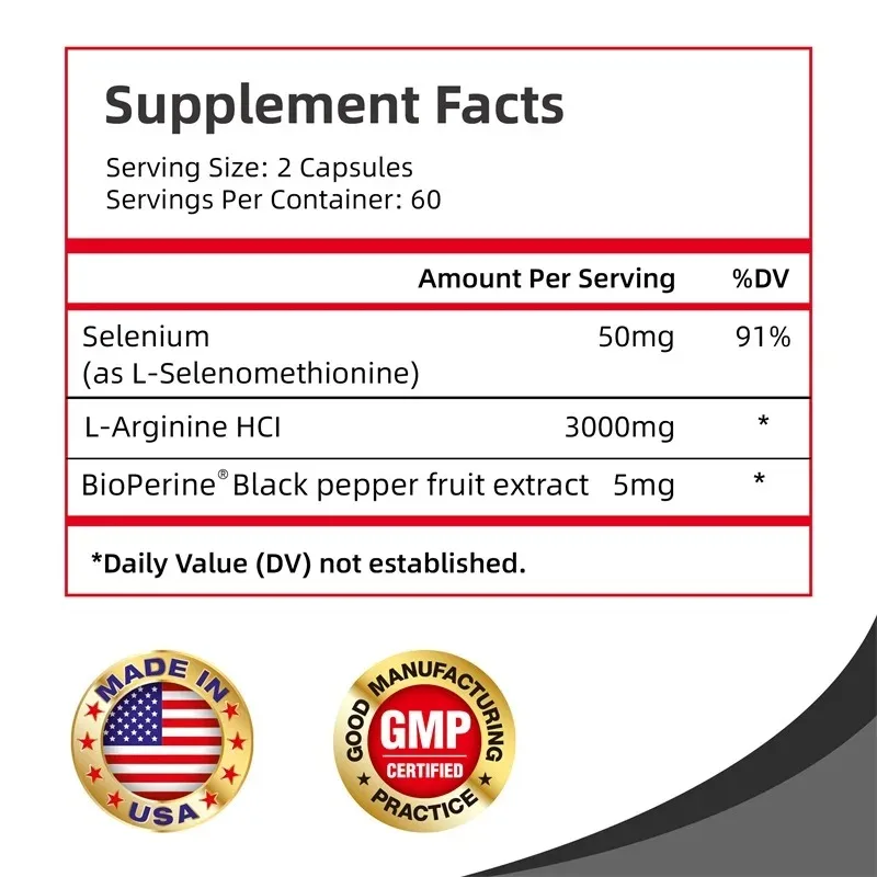 L-Arginine Capsules - Replenish Energy, Promotes Muscle Growth and Recovery, Reduce Fatigue, Increases Muscle Mass, Non-GMO