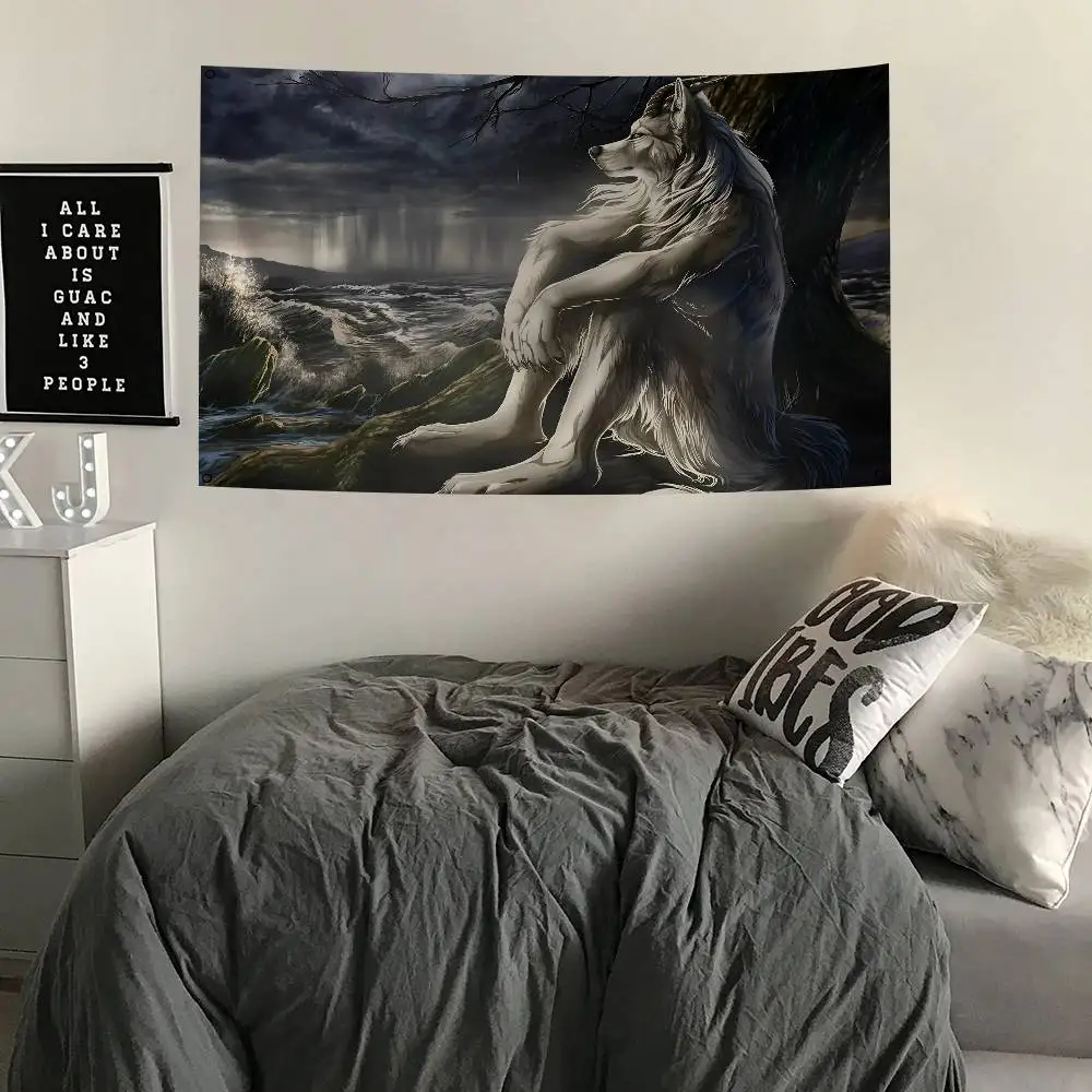 Lustiger Emo-Flagge mit weißem Wolf, sitzend, Meme-Flagge, Banner, Vier-Loch-Flagge, Polyester, Outdoor-Dekoration, Raumästhetik