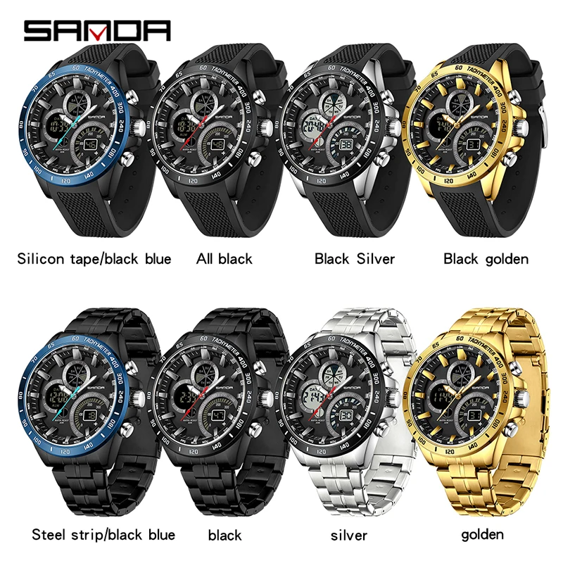 Sanda 3175 Hot Selling Men\'s Electronic Quartz Watch Full Steel & Silicon Core Black Technology Multi Functional Waterproof