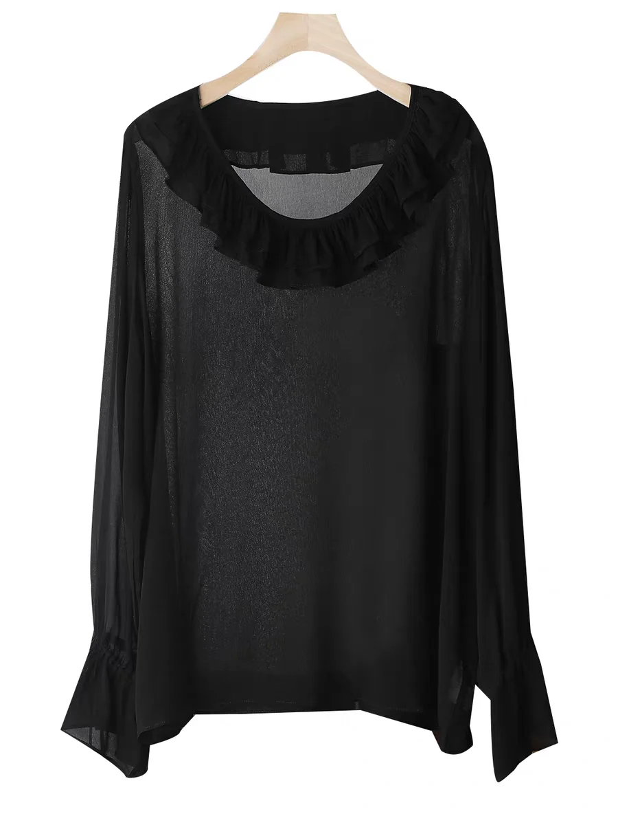 Blusa Elegante de Gasa para Mujer, Tallas Grandes, Blanca, Manga Larga Abullonada, con Volantes, Holgada, Moda Primavera, Camisa Casual 5XL 6XL