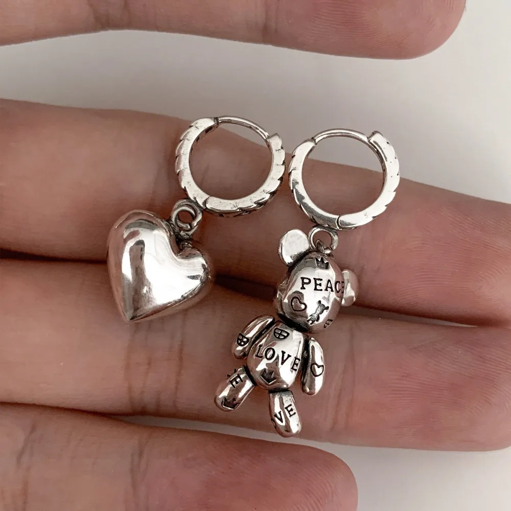 Korean Fashion 925 Sterling Silver Stereo Little Bear Heart Shape Asymmetric Pendant Dangle Earrings for Women Cute Jewelry