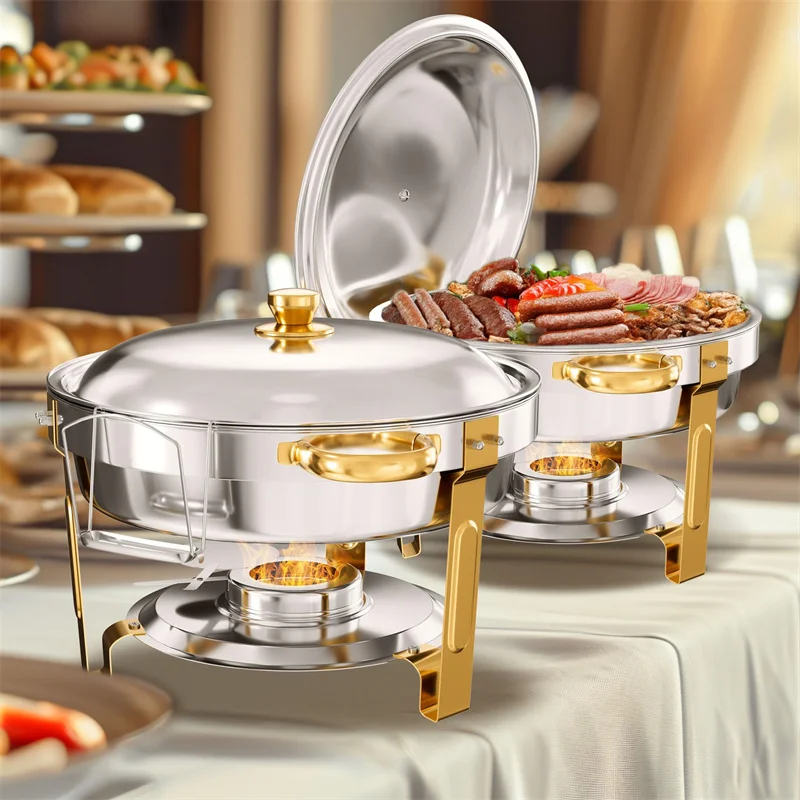 2/4 Pack 5Qt Gold Round Dish Food Warmer Container with Stainless Steel Lid Holder Fuel Can Hotel Buffet Warmer Gas Fuel Pan