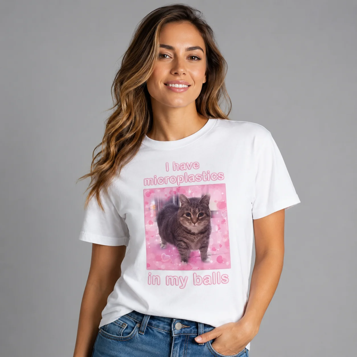 “There Are Microplastics in My Balls” — Funny Cat Meme T-Shirt Gift for Women Satirical Cat T-Shirt Hilarious and Whimsical Gift