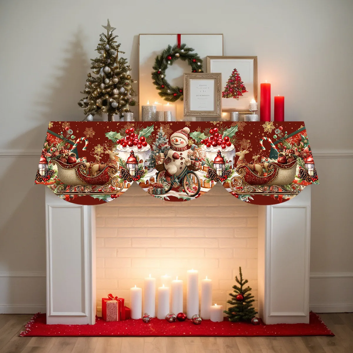 1Pc Christmas Theme Snowflake Snowman Reindeer Pattern Atmosphere Fireplace Scarf Holiday Home Fireplace Decoration