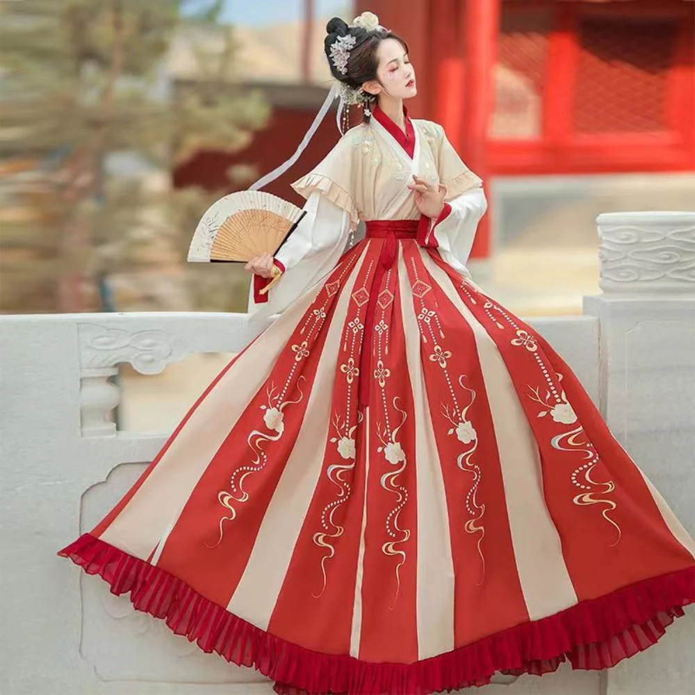 Women Ancient Chinese Traditional Clothes Tang Suit Hanfu Costume Authentic Red and Beige Stripped Chinese Ancient Costume