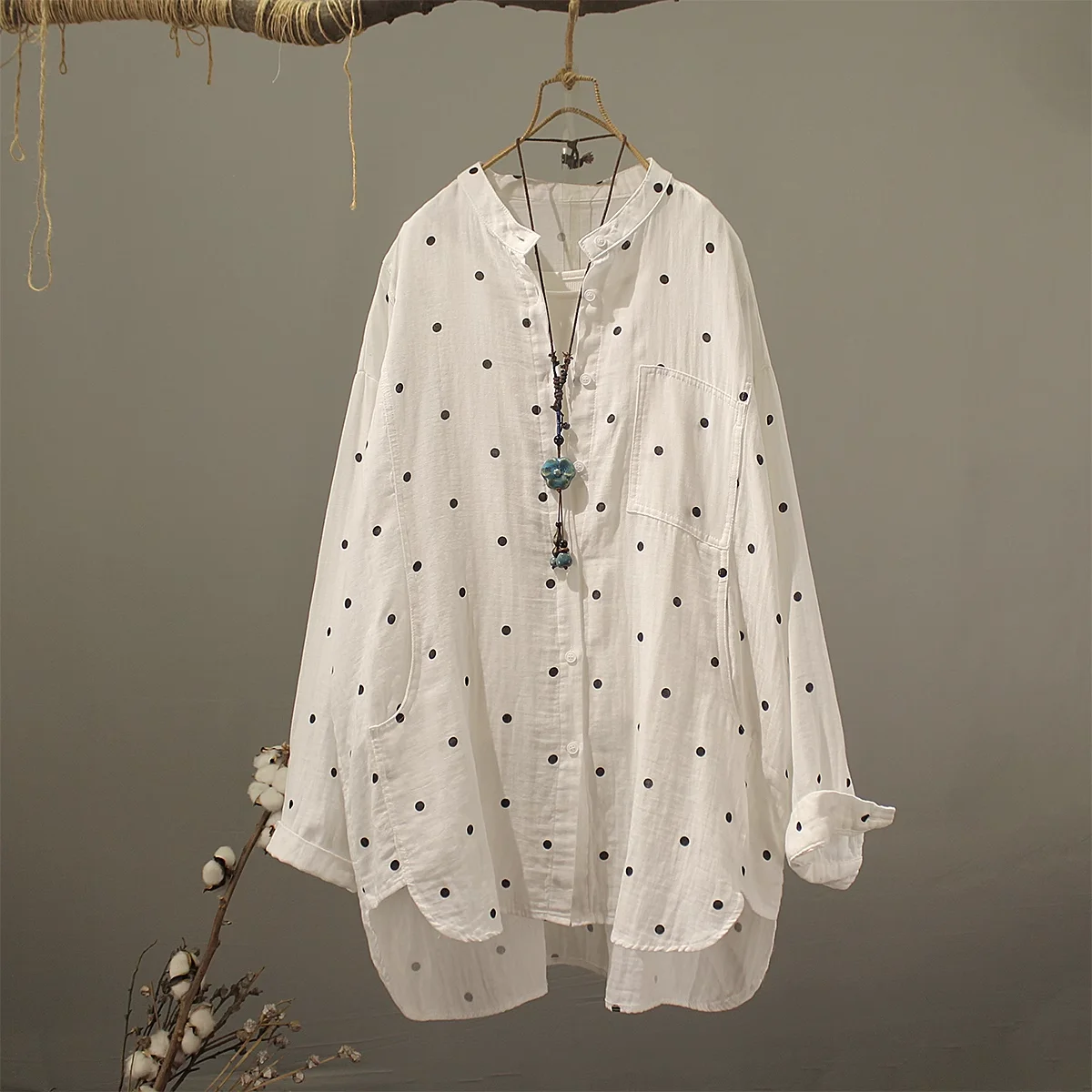 

Vintage cotton yarn large size tops women polka dot print white pink orange khaki shirts long sleeve blouses casual cardigan