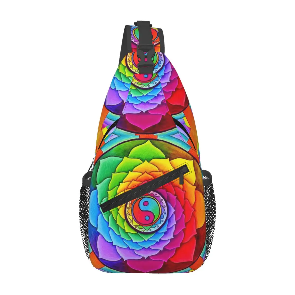 Healing Lotus Rainbow Yin Yang Psychedelic Mandal Chest Bag Men Sling Crossbody Backpack Chest Bag Hiking Daypack Shoulder Bag