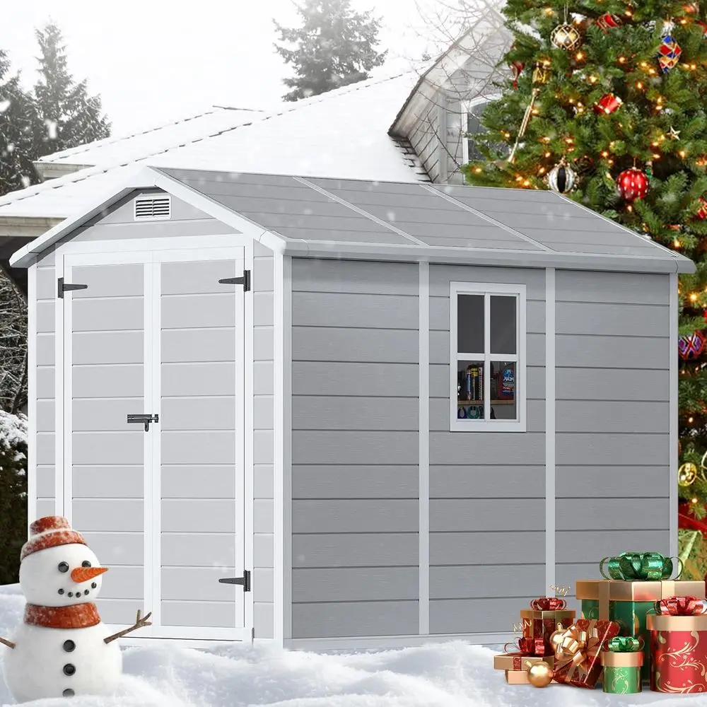 

Gray 8.7x5.5 ft Resin Outdoor Shed with Floor, Windows, Lock, and Vents for Lawn & Garden Storage