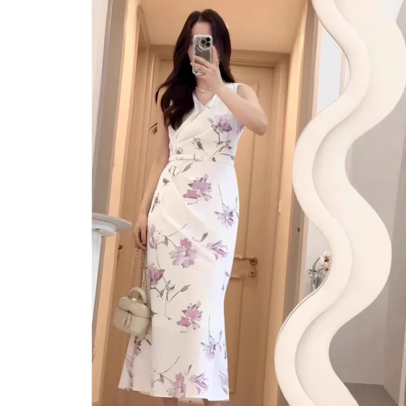 

Elegant Sweet Fashion Fresh Print Dress Women V-neck Slim Waist Sleeveless Robe Spring Summer 2025 New Chic Vestidos Mujer