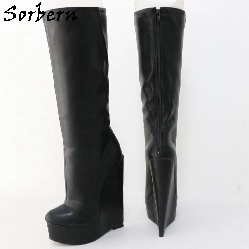 

Sorbern Rear Zipper Knee High Boots Women Narrow Wedge Heels Visible Platform Middle Seam Round Toe Custom Wide Or Slim Legs