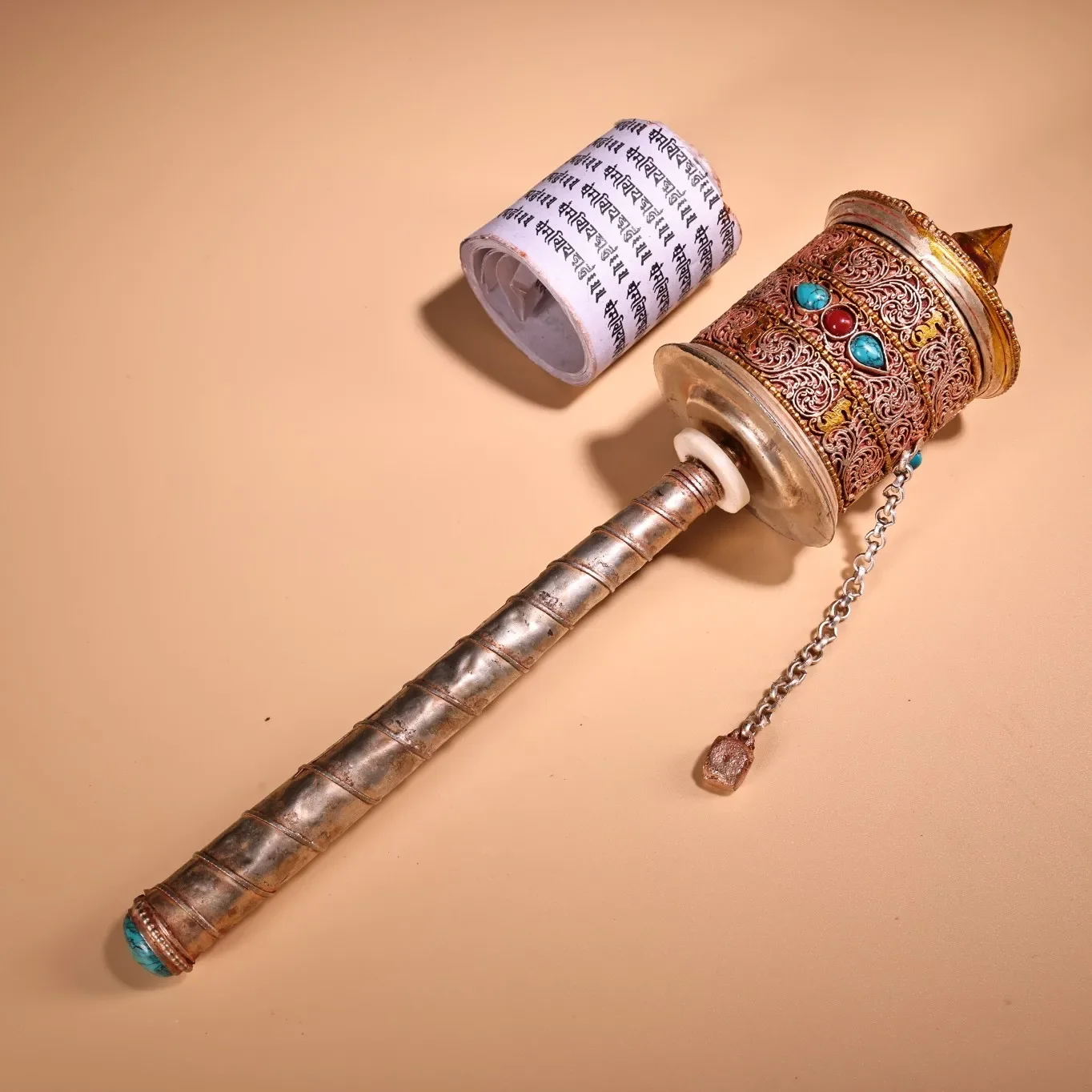 Elaborate Nepalese Pure Copper Hand-built Filigree Crafts Gemstone Prayer Wheel （It Has Tibetan Scriptures in It)