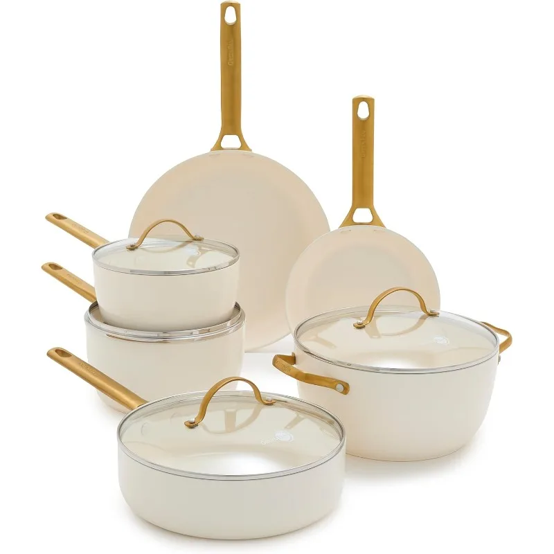 

Набор кастрюль и сковородок Reserve Hard Anodized Healthy Ceramic с антипригарным покрытием, 10 предметов, ручки из нержавеющей стали золотого тона,