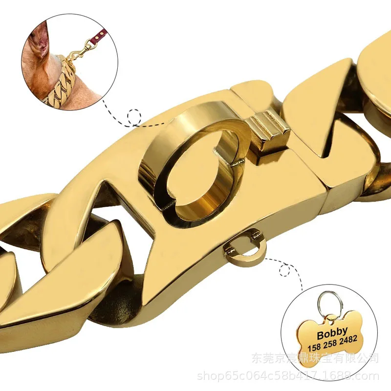 Heavy Duty 32mm Gold Cast Stainless Steel Titanium For Large Breeds Bully French Bulldog Walking Strong Pet Collar