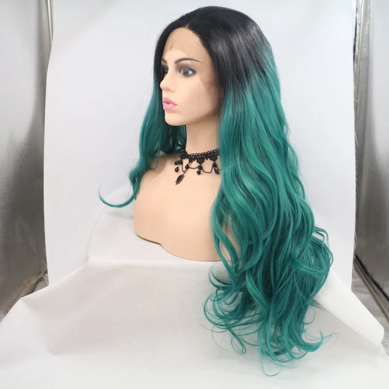 Hand-woven front lace wig for women, free-parting gradient green rose inner net, high-temperature fiber full headpiece