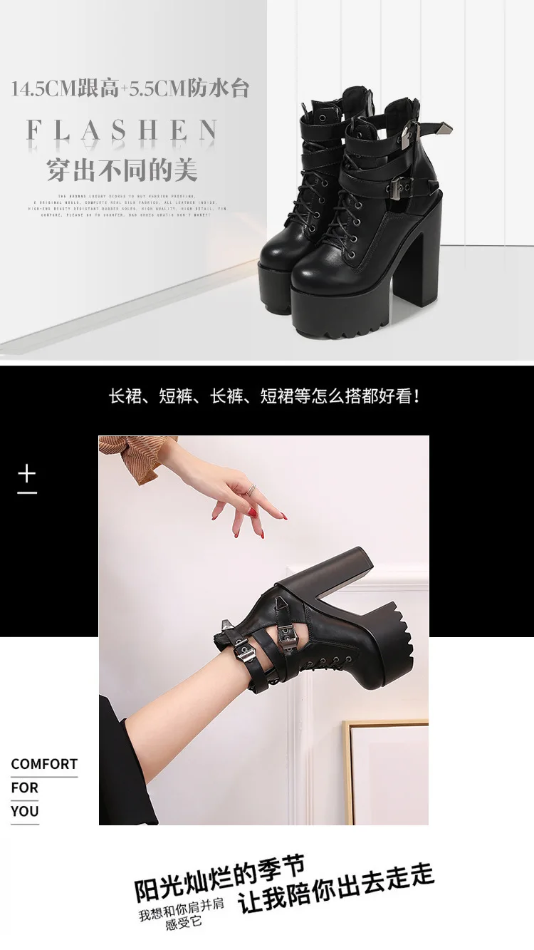 15cm Boots Women 2023 Super High Heels Ankle Boots Real Shot Spot Thick with Belt Buckle Ankle Boots Platform Women