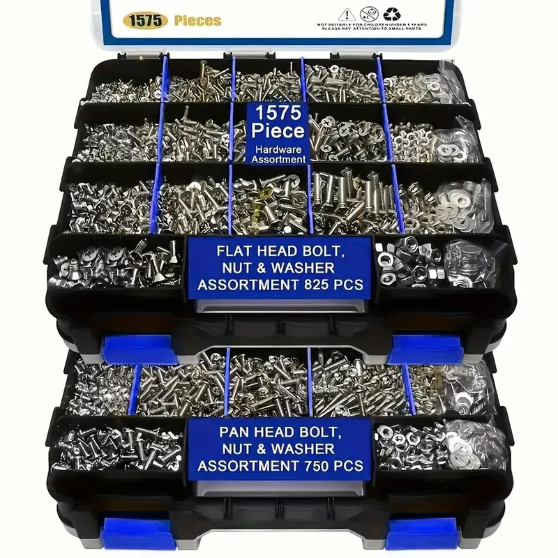 1575PCS 304 Stainless Steel Screw Assortment Kit Pan Head Phillips Countersunk Screws Nuts Fastener Hardware Set with Box