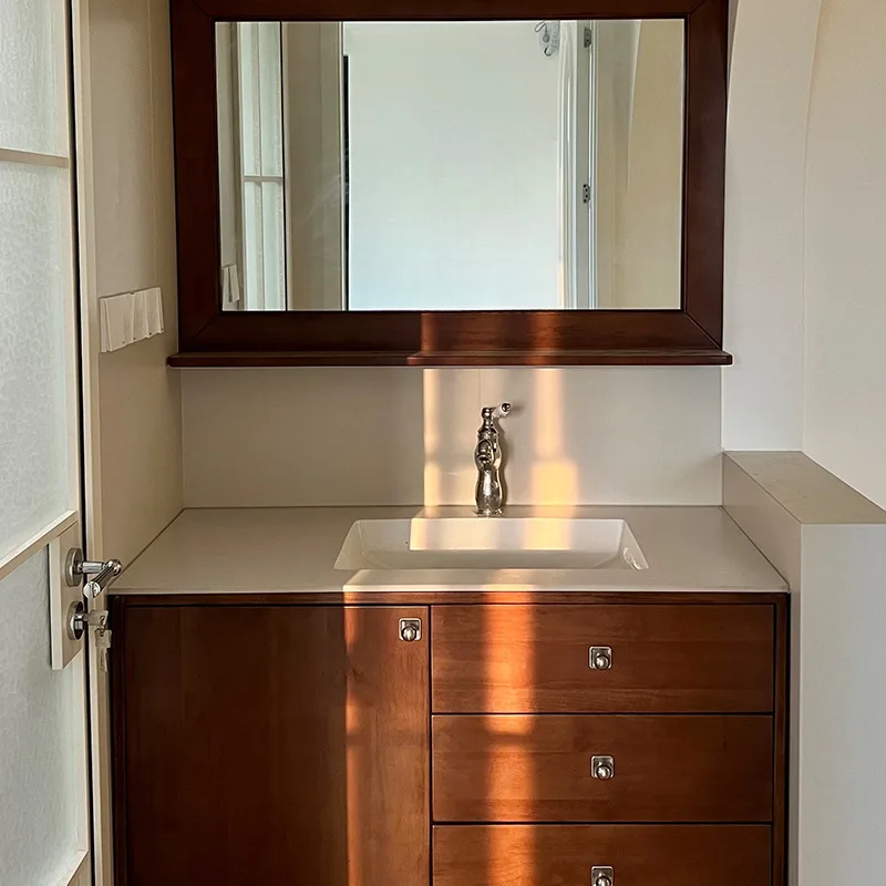 Medieval walnut paint bathroom cabinet ceramic integrated basin combination washbasin
