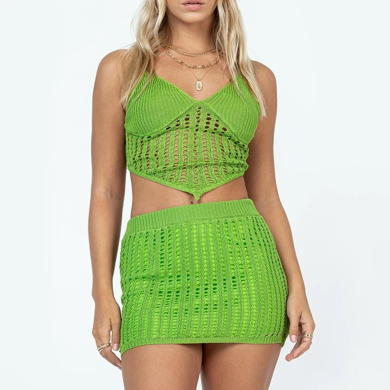 

Chic Women Two Piece Set Beach Style Bohemian Knitted Hollow Out Backless Crop Top Camisole + Wrap Bodycon Mini Skirt Outfits