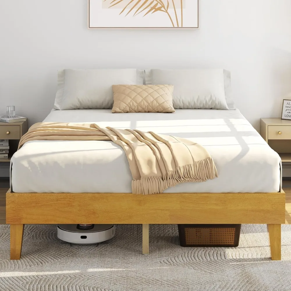 Marco de cama Cama con plataforma de madera maciza natural con soporte de listones de madera, espacio debajo de la cama de 12 pulgadas para almacenamiento, diseño sin ruido