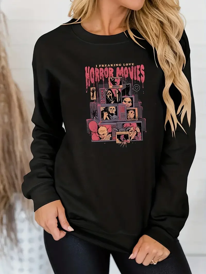 

Plus Size Halloween Gothic Sweatshirt, Women's Plus Grim Reaper Print Long Sleeve Round Neck Pullover Top