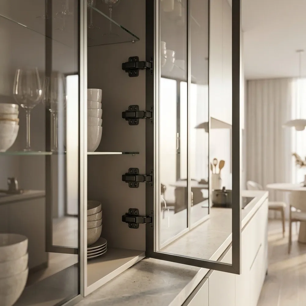 Aluminum Frame Hinge No Drill Glass Hinge Built In Damping Mechanism Smooth Silent Closing Robust Matte Black Finish